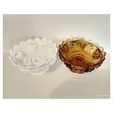 Fenton Colonial Amber & Milk Glass Hobnail Pedestal Candle Holders