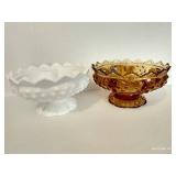 Fenton Colonial Amber & Milk Glass Hobnail Pedestal Candle Holders