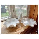 Beautiful Fenton Silver Crest Milk Glass Bowls & Vase w/ Ruffled Edges