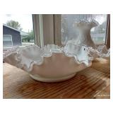 Beautiful Fenton Silver Crest Milk Glass Bowls & Vase w/ Ruffled Edges