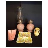 Oil Lamps, Vase, Japan Bird Plate & California Ash Tray