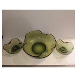 Green Glass Large Bowl w/ Two Smaller Bowls