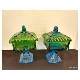 (2) Green Jeannette Glass Co. Pedestal Wedding Box Candy Dishes