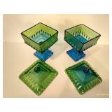 (2) Green Jeannette Glass Co. Pedestal Wedding Box Candy Dishes
