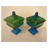 (2) Green Jeannette Glass Co. Pedestal Wedding Box Candy Dishes