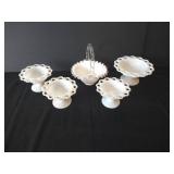 Anchor Hocking Lace Edge Milk Glass Pedestal Bowls & Milk Glass Basket w/ Ruffled Edge