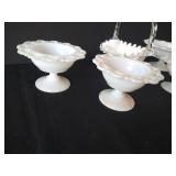 Anchor Hocking Lace Edge Milk Glass Pedestal Bowls & Milk Glass Basket w/ Ruffled Edge