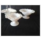 Anchor Hocking Lace Edge Milk Glass Pedestal Bowls & Milk Glass Basket w/ Ruffled Edge