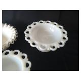 Anchor Hocking Lace Edge Milk Glass Pedestal Bowls & Milk Glass Basket w/ Ruffled Edge