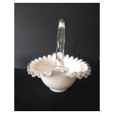 Anchor Hocking Lace Edge Milk Glass Pedestal Bowls & Milk Glass Basket w/ Ruffled Edge