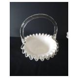 Anchor Hocking Lace Edge Milk Glass Pedestal Bowls & Milk Glass Basket w/ Ruffled Edge