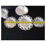 Anchor Hocking Lace Edge Milk Glass Pedestal Bowls & Milk Glass Basket w/ Ruffled Edge