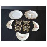 Two Milk Glass Plates, Butterflies & Half Moon Bone Dishes