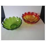 Indiana Glass Lotus Amberina & Luau Green Flower Bowls