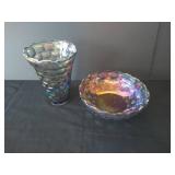 Vintage Federal Glass "Yorktown" Thumbprint Iridescent Carnival Vase & Bowl