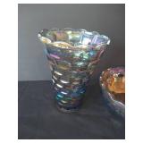 Vintage Federal Glass "Yorktown" Thumbprint Iridescent Carnival Vase & Bowl