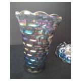 Vintage Federal Glass "Yorktown" Thumbprint Iridescent Carnival Vase & Bowl