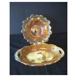 Two Indiana Marigold Carnival Sunflower Relief Glass Bowl & Platter