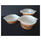 (3) Nesting Pyrex Early American Cinderella Bowls w/ Lids