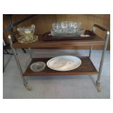 Vintage Rolling Cart w/ Trays, Crystal, & Glass Dishes