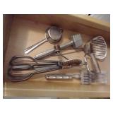 Drawer of Vintage Kitchen Utensils: Slicer, Strainer, Egg Beater, Etc