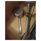 Drawer of Vintage Kitchen Utensils: Slicer, Strainer, Egg Beater, Etc