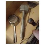 Drawer of Vintage Kitchen Utensils: Slicer, Strainer, Egg Beater, Etc