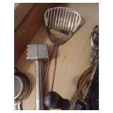 Drawer of Vintage Kitchen Utensils: Slicer, Strainer, Egg Beater, Etc
