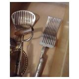 Drawer of Vintage Kitchen Utensils: Slicer, Strainer, Egg Beater, Etc