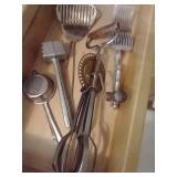 Drawer of Vintage Kitchen Utensils: Slicer, Strainer, Egg Beater, Etc