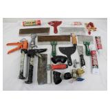 Mixed Lot: Caulk Guns, Scrapers, Putty Knives & Plumbing Fittings