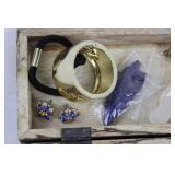 Mixed Jewelry & Stones Set in Carved Wood Box