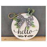 10.5 in Round Wood Hello Hanging Sign with Bow - Brand New