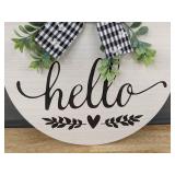 10.5 in Round Wood Hello Hanging Sign with Bow - Brand New
