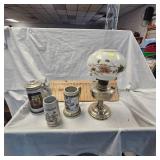 Lot with 3 Steins and Hurricane Oil Lamp-England