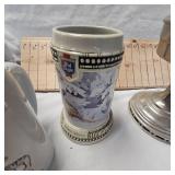 Lot with 3 Steins and Hurricane Oil Lamp-England
