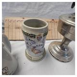 Lot with 3 Steins and Hurricane Oil Lamp-England