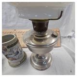 Lot with 3 Steins and Hurricane Oil Lamp-England