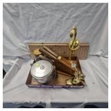 Cherub w/horn, Flamingo, butter knives, aluminum pot