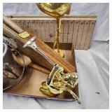 Cherub w/horn, Flamingo, butter knives, aluminum pot