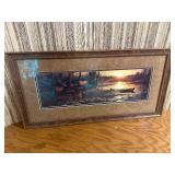 Framed Terry Redlin Wildlife Print – Deer at Sunset with Canoe, Tru Vue Museum Glass, 39" x 19"