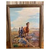 Vintage Framed Western Oil Painting on Canvas "Wild Horses" Signed J.K. Ralston, Dated 
