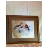 Vintage Framed Duck Lithograph Print - Redhead Ducks by H.F.A. (29" x 25")