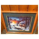 Iverson Winter Cabin Landscape Print – Framed Snowy Log Cabin Scene – Rustic Lodge Décor