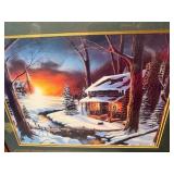 Iverson Winter Cabin Landscape Print – Framed Snowy Log Cabin Scene – Rustic Lodge Décor