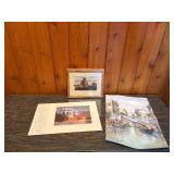 Vintage Art Print Lot of 3 - Calso Scenic Art Print, Signed Venice Gondola, Framed "Lowry Sentinels" Railroad Art