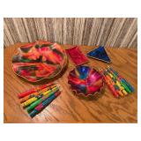 Vintage Mexican Hand-Painted Enamel Plate & Tray Set with Textured Floral Taper Candles - 14-Piece Lot