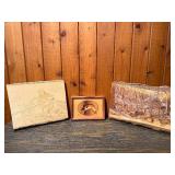 Vintage Wood Art Plaque Lot - Pyrography & Hudson River Wood Inlay - 3 Pcs.