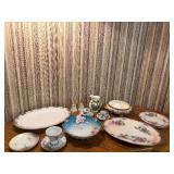 Vintage Antique Floral Porcelain Serving Platters Bowls Cups and Majolica Pitcher Lot 15 Pcs