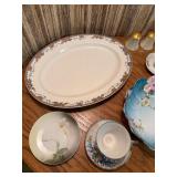 Vintage Antique Floral Porcelain Serving Platters Bowls Cups and Majolica Pitcher Lot 15 Pcs